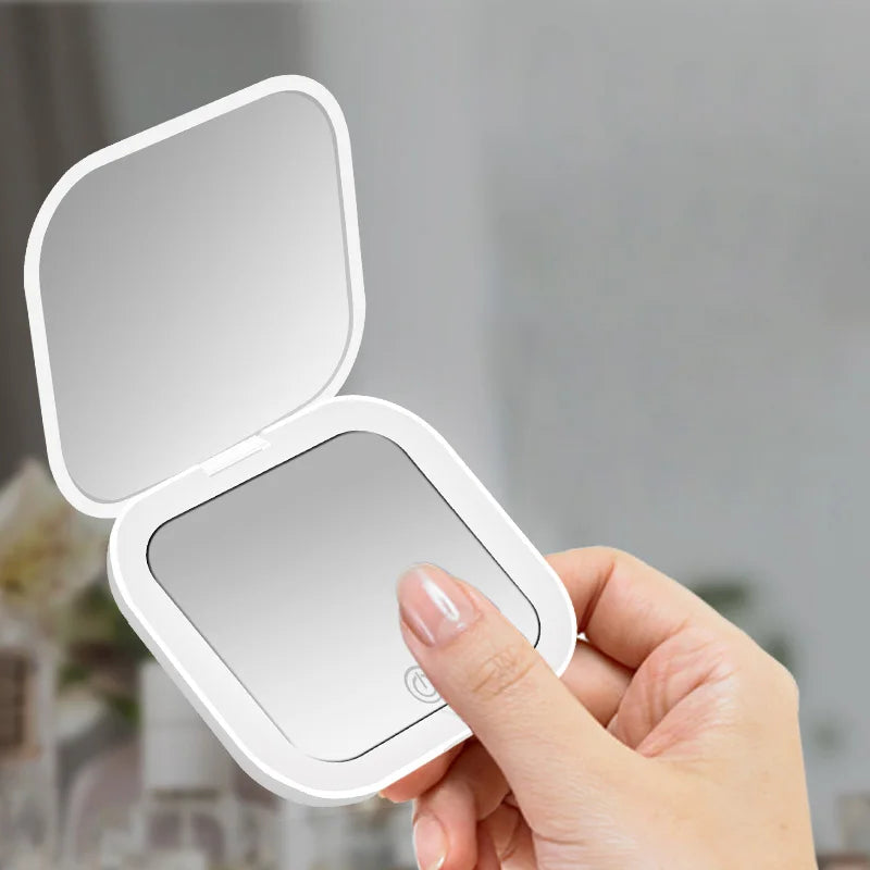 Compact Folding Vanity Mirror Compact Mini Gift Vanity Folding Cosmetic Mirror with Lights Portable Hand Held Small Pocket Travel Makeup Mirror 2X Magnifying