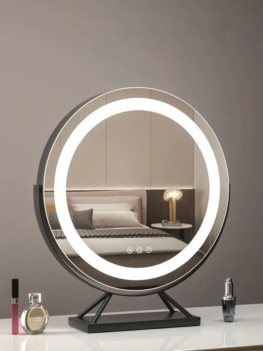 LED Lighted Round Mirror LED Lighted Circle Mirror round Tabletop/Desk Mirror 3 Color Dimmable Lighting Modes Make up Mirrors