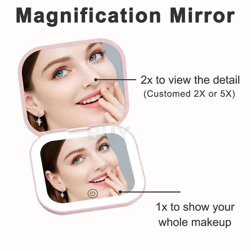 Compact Folding Vanity Mirror Compact Mini Gift Vanity Folding Cosmetic Mirror with Lights Portable Hand Held Small Pocket Travel Makeup Mirror 2X Magnifying